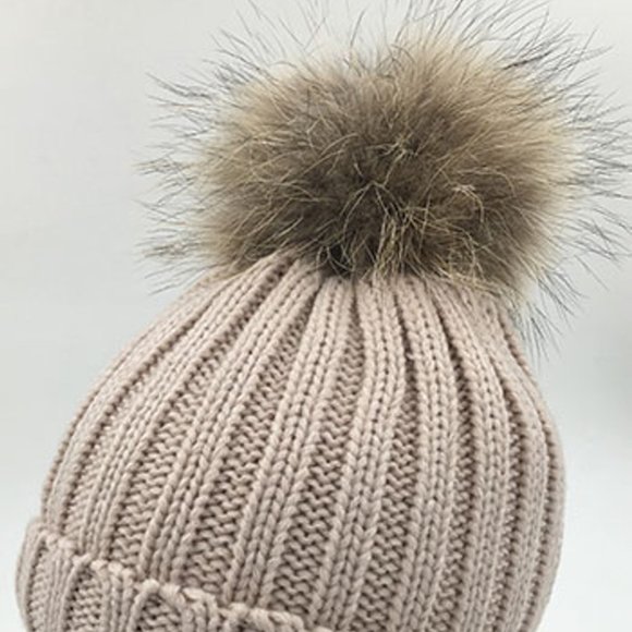 Knit Beanie Hat with Real Fox Fur Pom - Picture 1 of 2